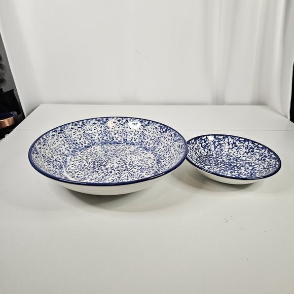 Vtg Crate & Barrel Blue White Splatter Serving Bowl Set Made in Italy 13" & 8" - Picture 2 of 13